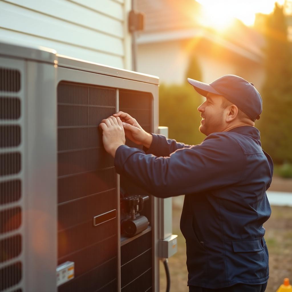 HVAC technician servicing an AC condenser